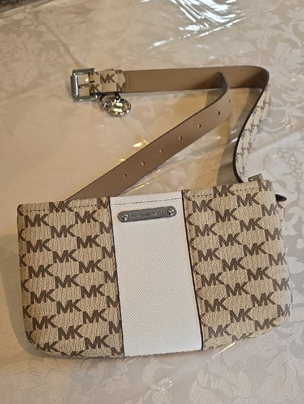 Michael Kors Beige and White Logo Fanny Pack Belt Bag Fannie